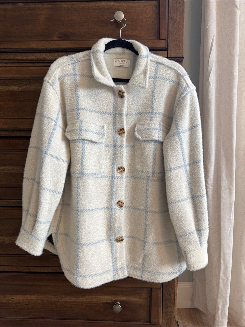 Z Supply Cream and Light Blue Teddy Shacket